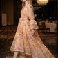 Orange Floral A Line V Neck Midi Prom Dress with Sash