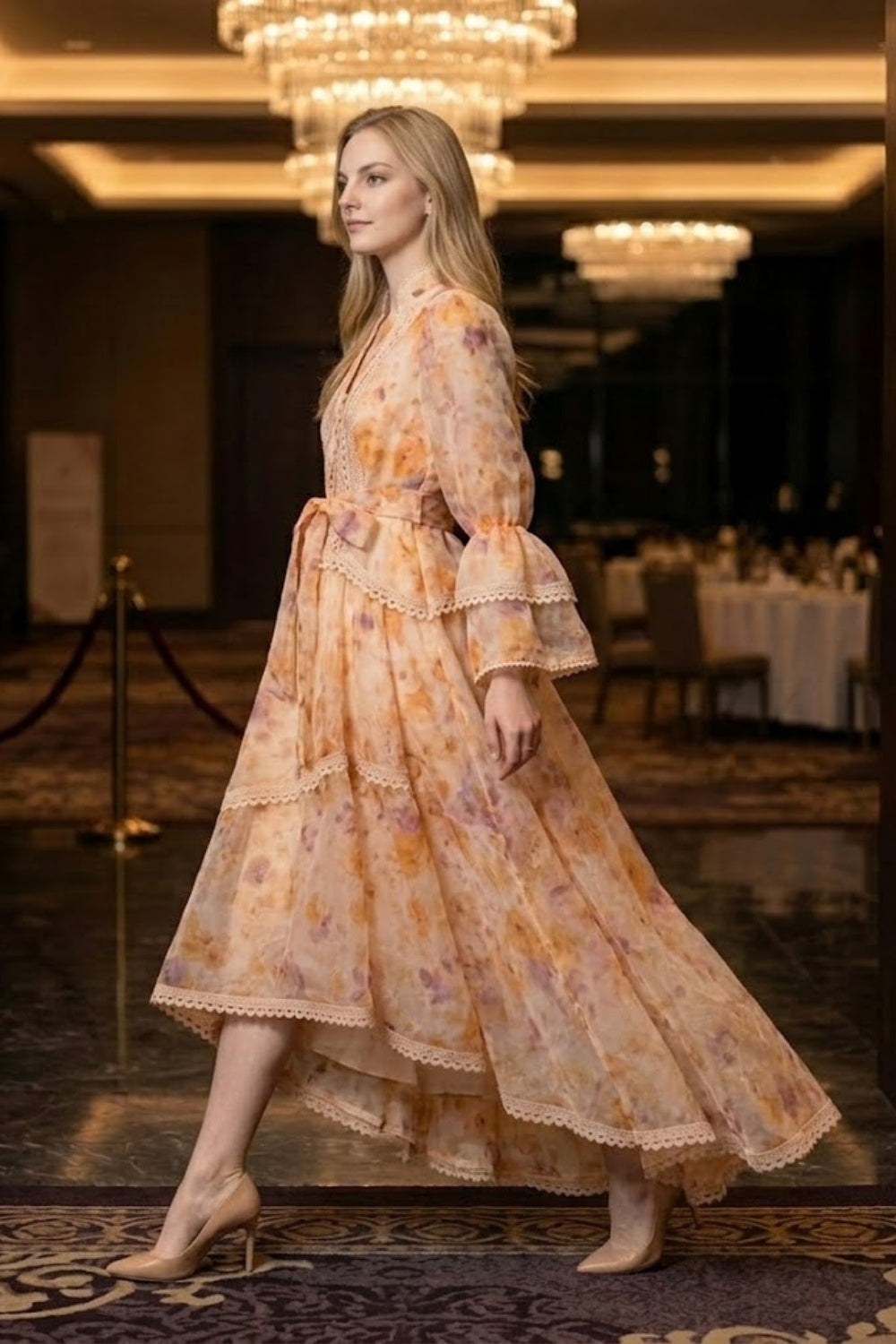 Orange Floral A Line V Neck Midi Prom Dress with Sash