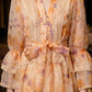 Orange Floral A Line V Neck Midi Prom Dress with Sash