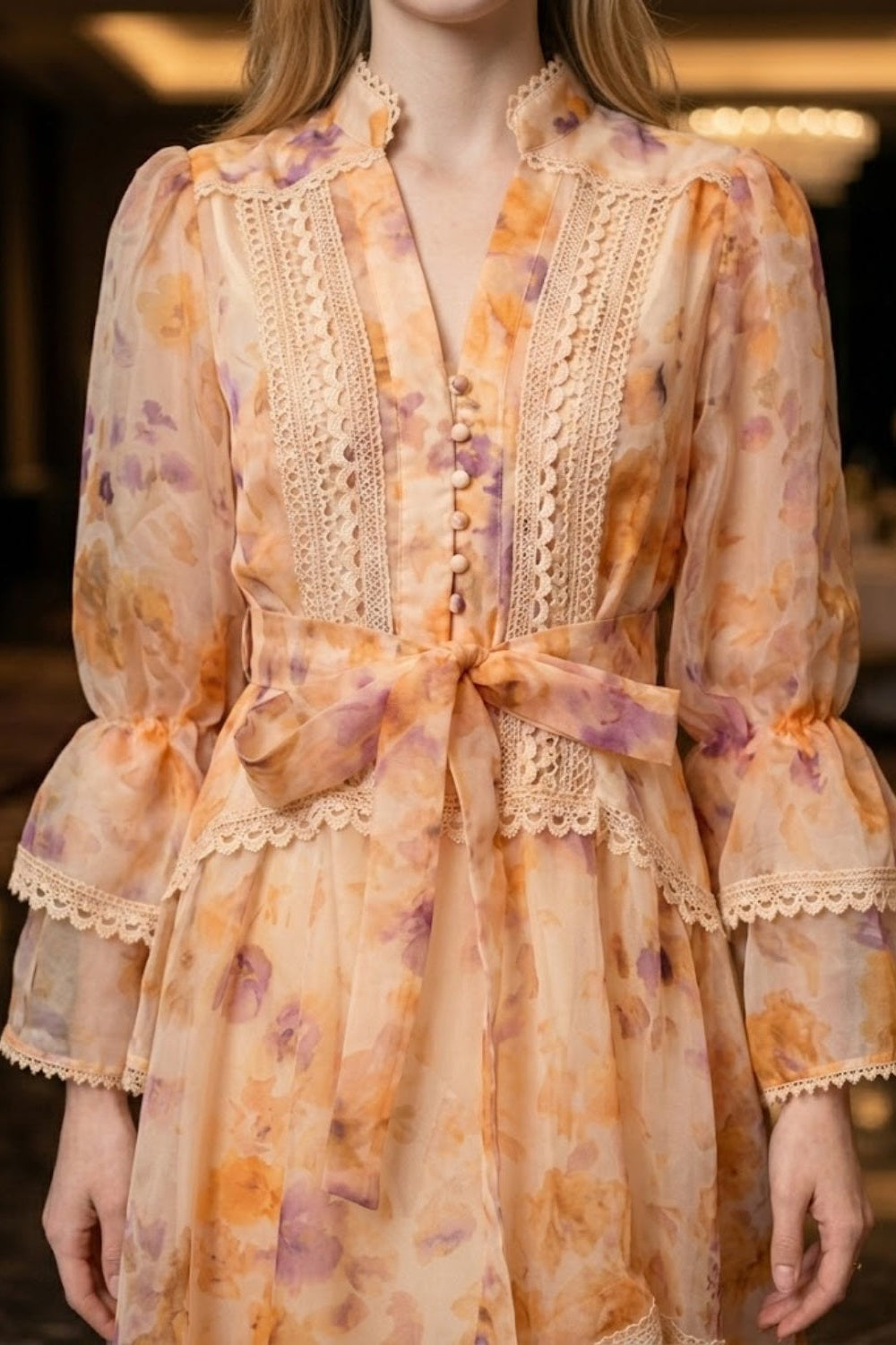 Orange Floral A Line V Neck Midi Prom Dress with Sash