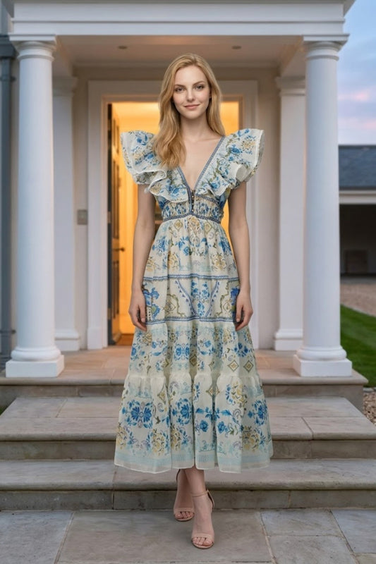 Blue Floral A Line V Neck Long Prom Dress