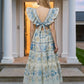 Blue Floral A Line V Neck Long Prom Dress