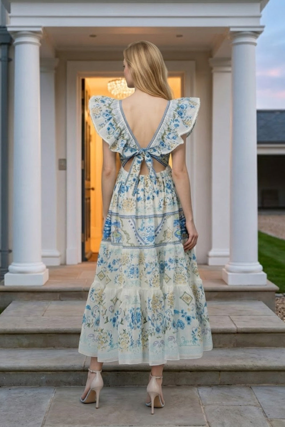 Blue Floral A Line V Neck Long Prom Dress