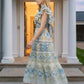 Blue Floral A Line V Neck Long Prom Dress