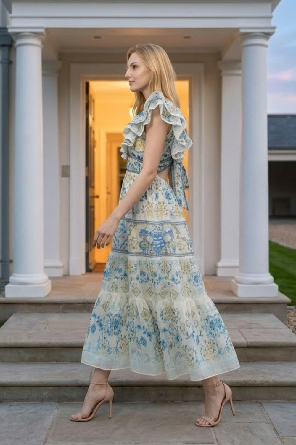 Blue Floral A Line V Neck Long Prom Dress