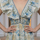 Blue Floral A Line V Neck Long Prom Dress