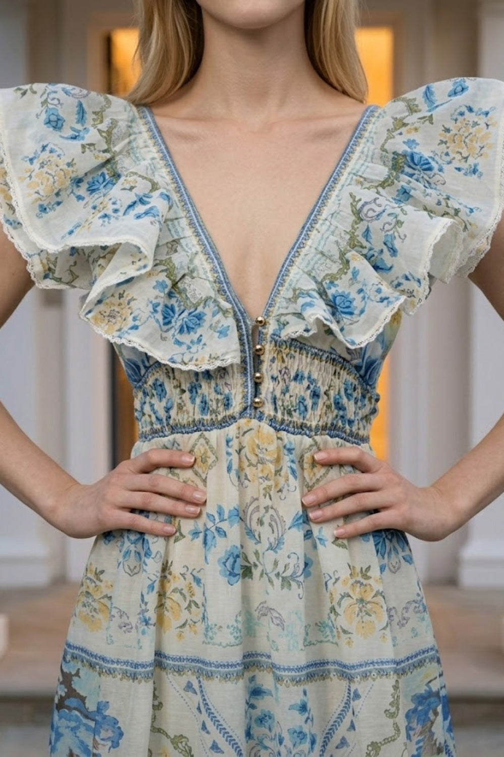 Blue Floral A Line V Neck Long Prom Dress