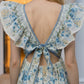Blue Floral A Line V Neck Long Prom Dress