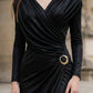 Black Sheath V Neck Long Black Tie Dress with Ruching