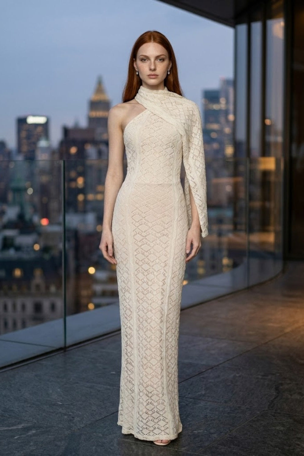 Ivory Sheath High Neck Long Prom Dress with Side Cape