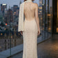 Ivory Sheath High Neck Long Prom Dress with Side Cape