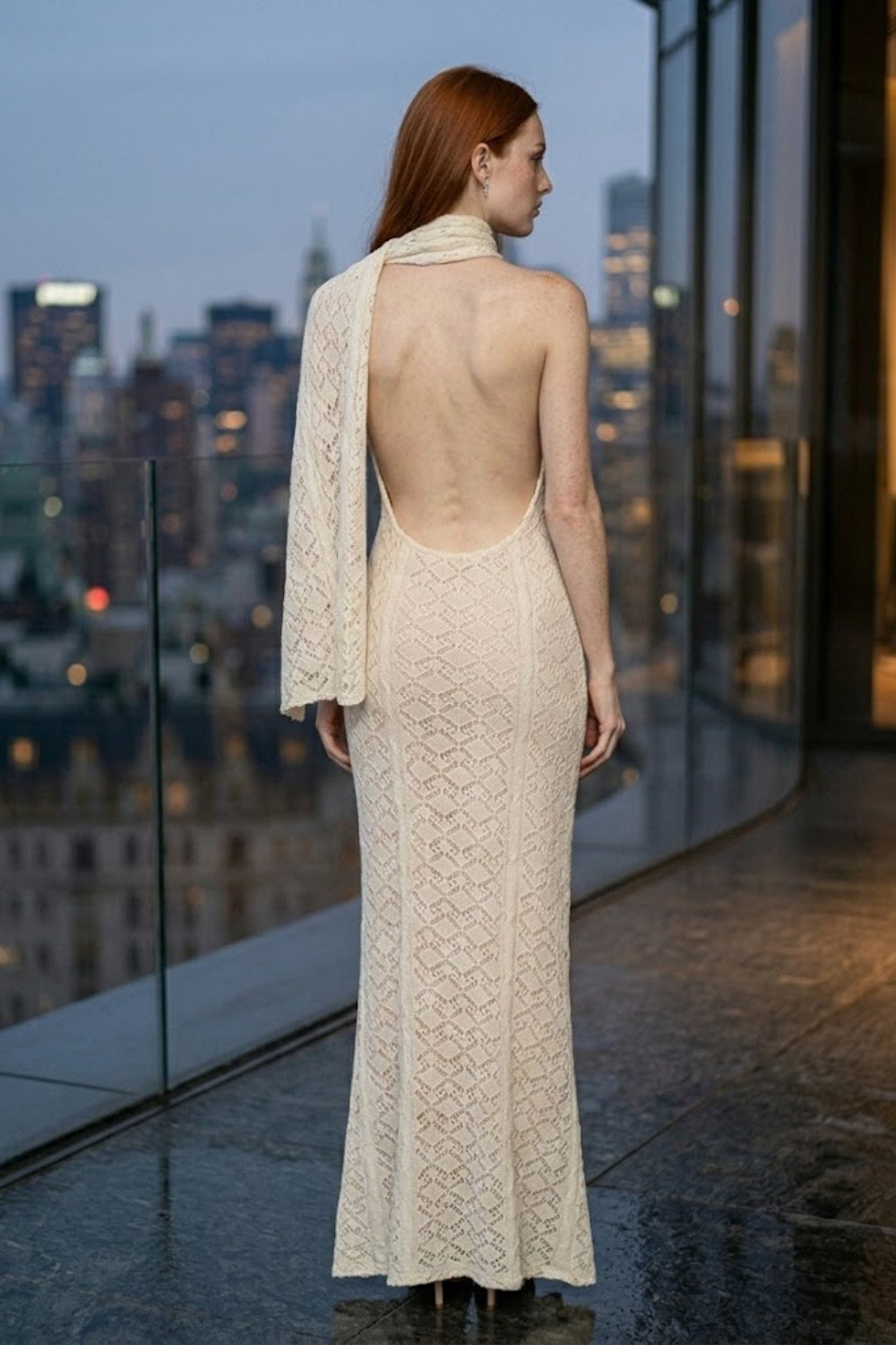 Ivory Sheath High Neck Long Prom Dress with Side Cape