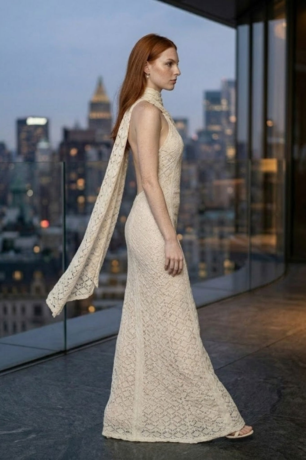 Ivory Sheath High Neck Long Prom Dress with Side Cape
