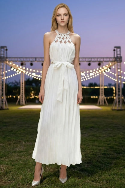 White Sheath Halter Long Prom Dress with Sash