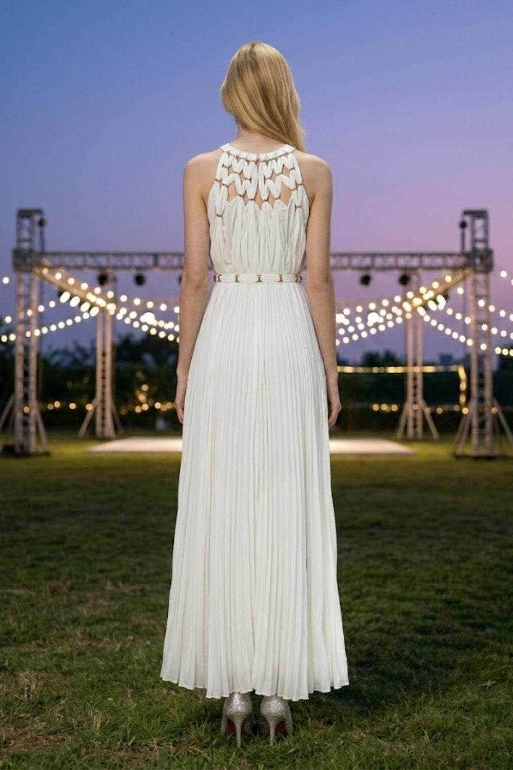 White Sheath Halter Long Prom Dress with Sash
