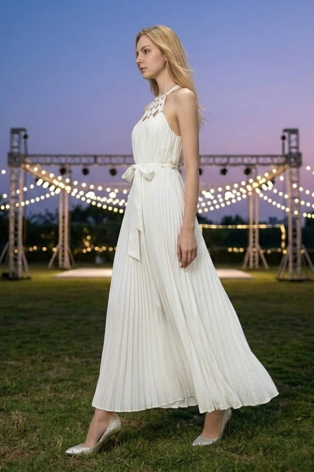 White Sheath Halter Long Prom Dress with Sash