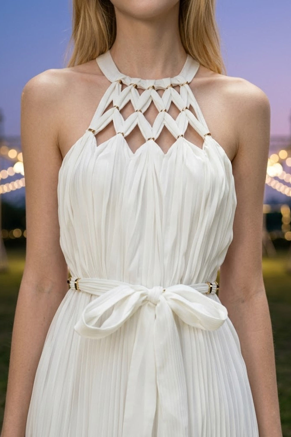 White Sheath Halter Long Prom Dress with Sash
