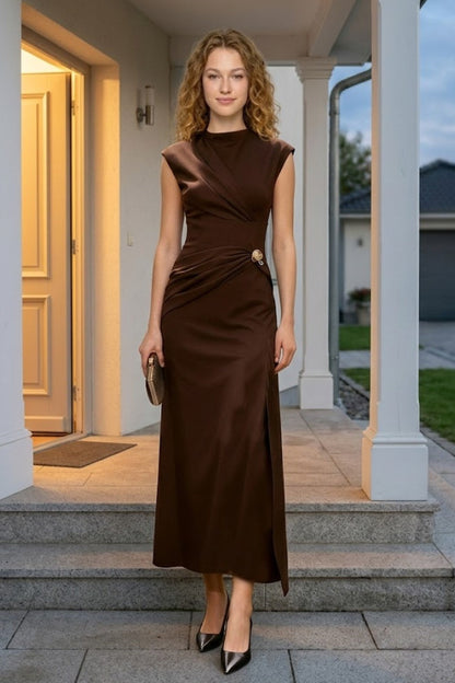 Brown Sheath Round Neck Long Formal Dress