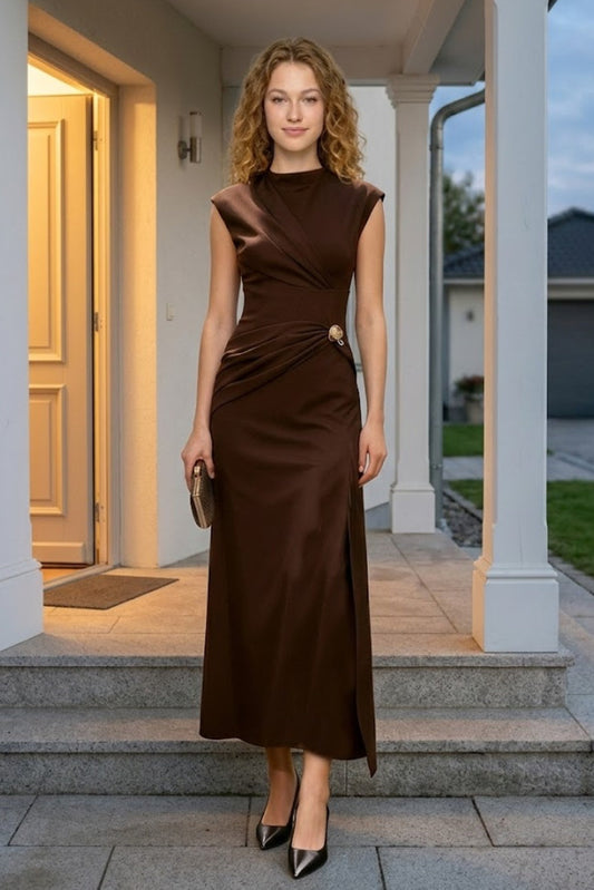 Brown Sheath Round Neck Long Formal Dress