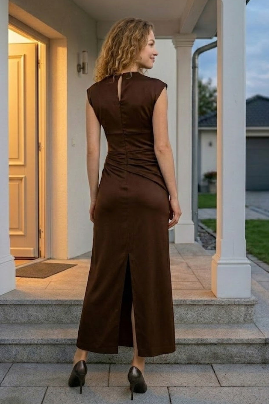 Brown Sheath Round Neck Long Formal Dress