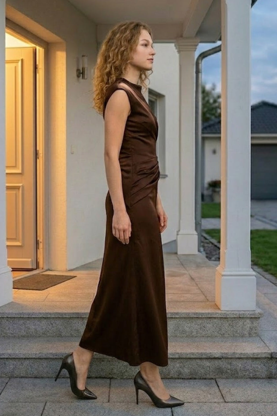 Brown Sheath Round Neck Long Formal Dress