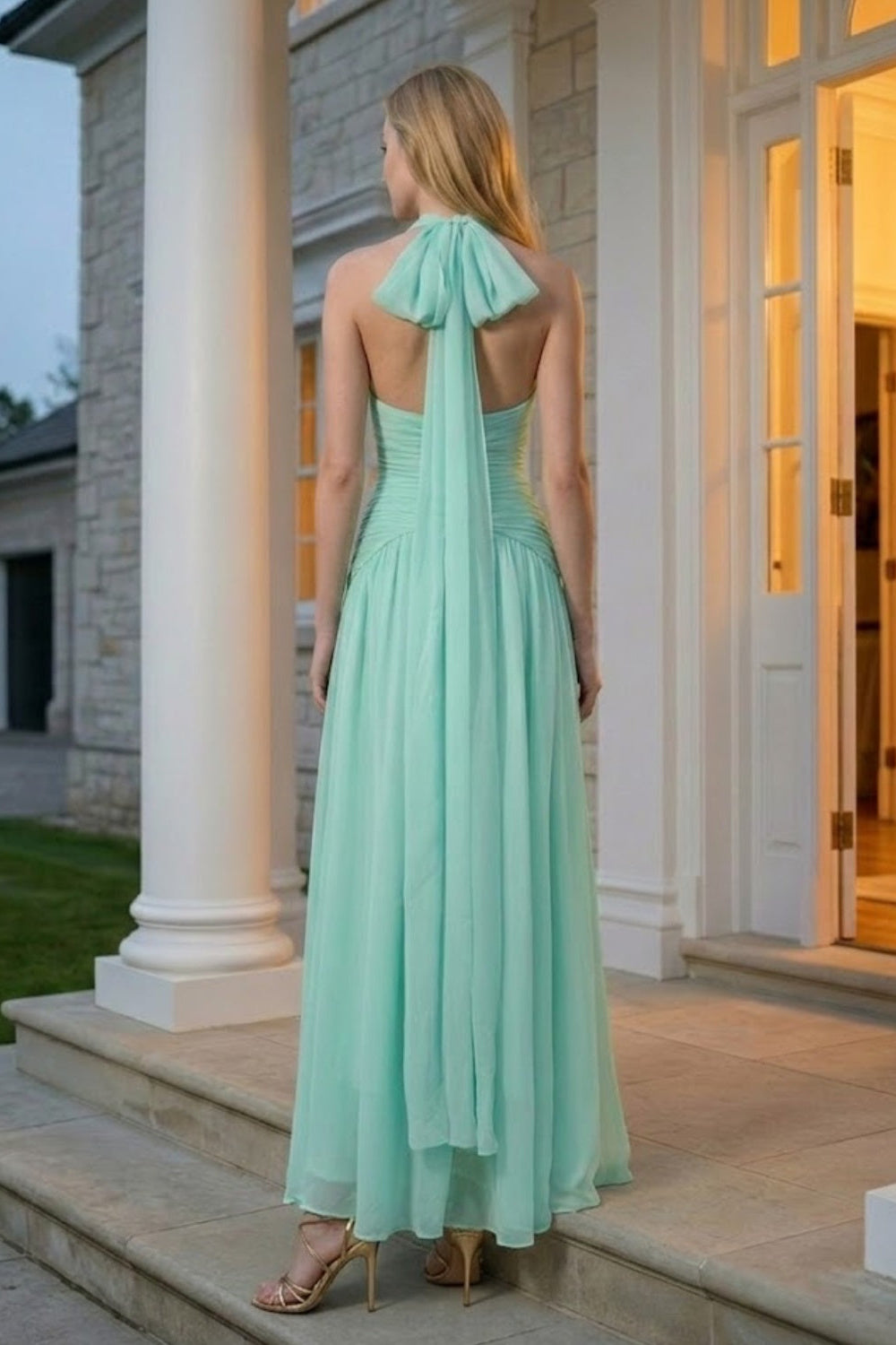 Mint Green A Line Halter Long Prom dress with Bow