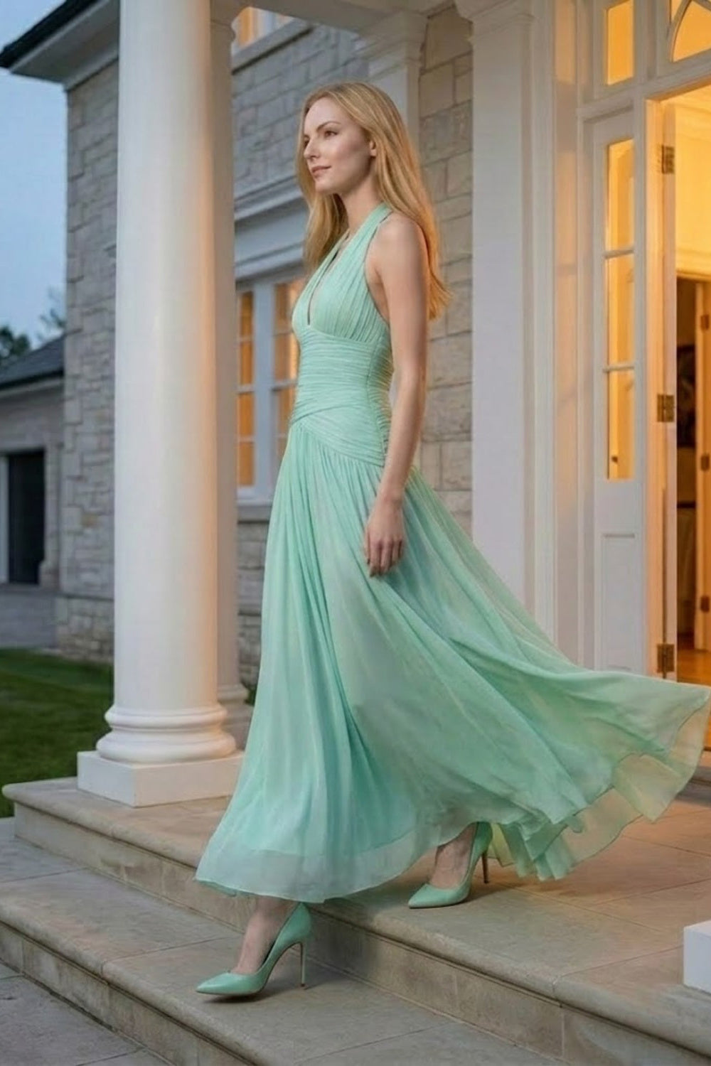 Mint Green A Line Halter Long Prom dress with Bow