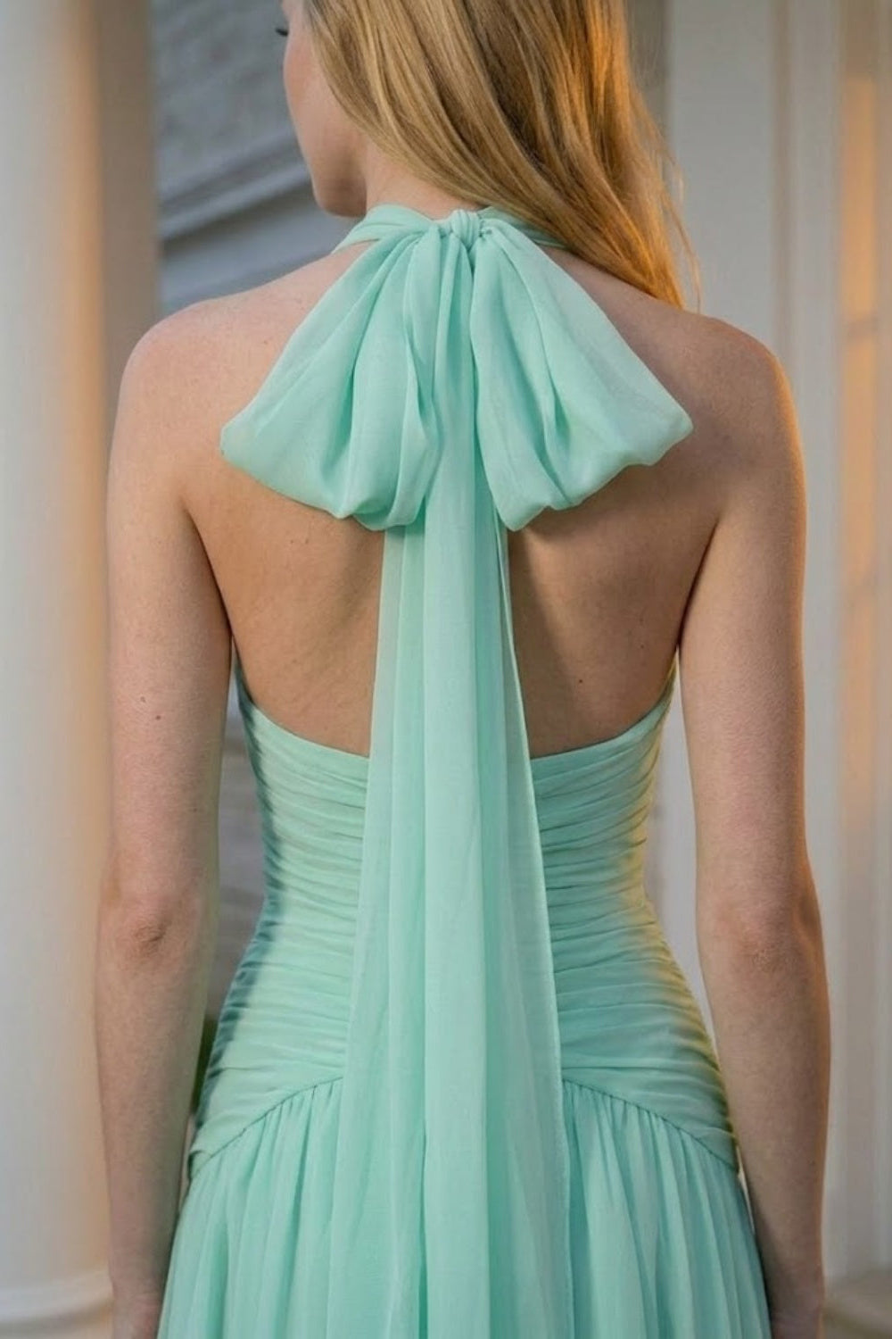 Mint Green A Line Halter Long Prom dress with Bow
