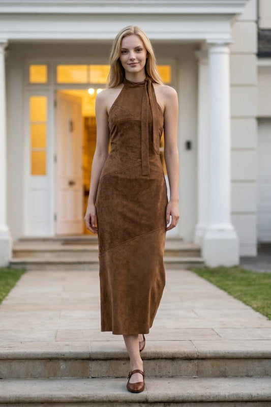 Brown Sheath Halter Long Prom dress