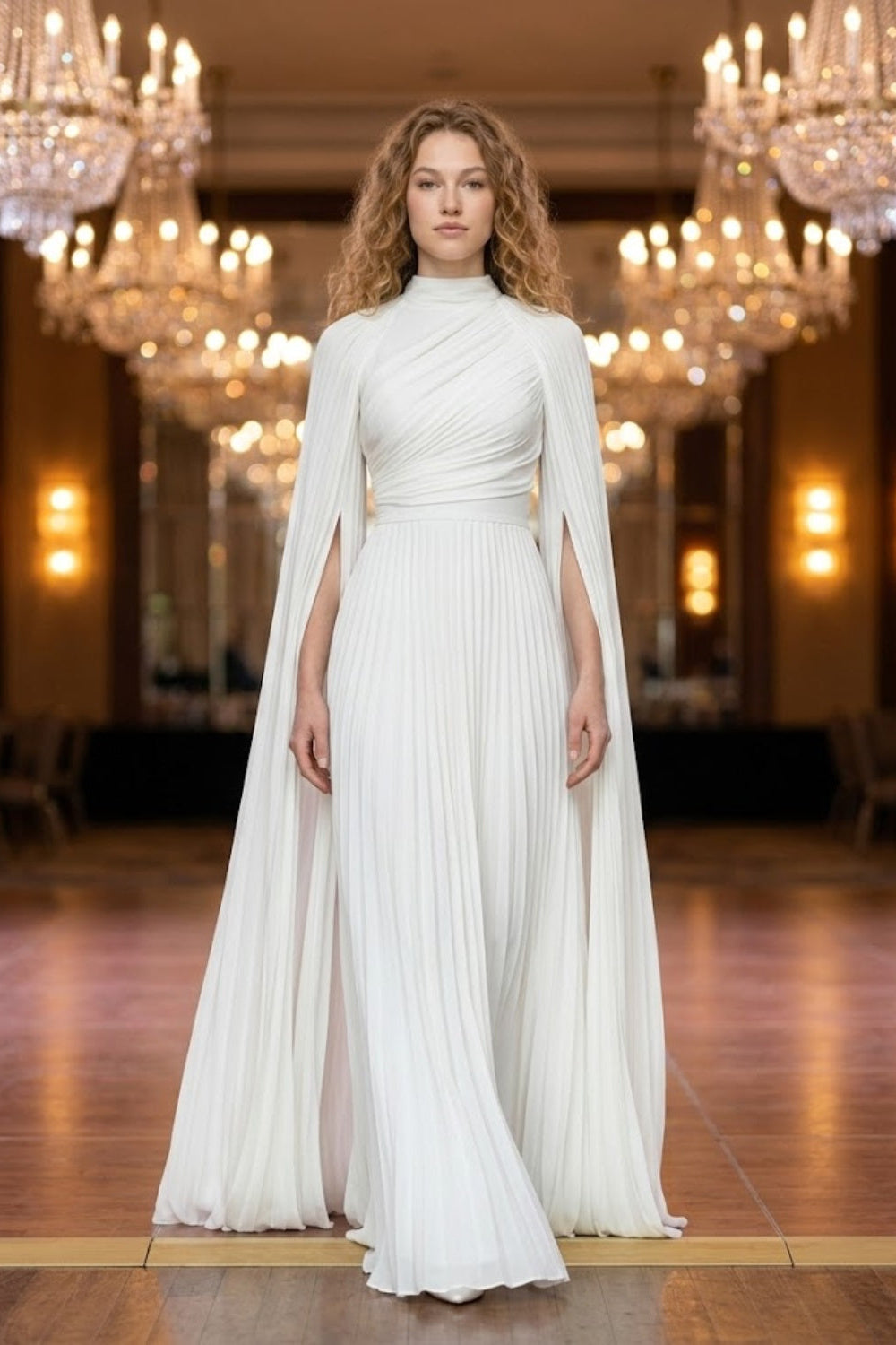 White A Line High Neck Long Formal Dress with Cape