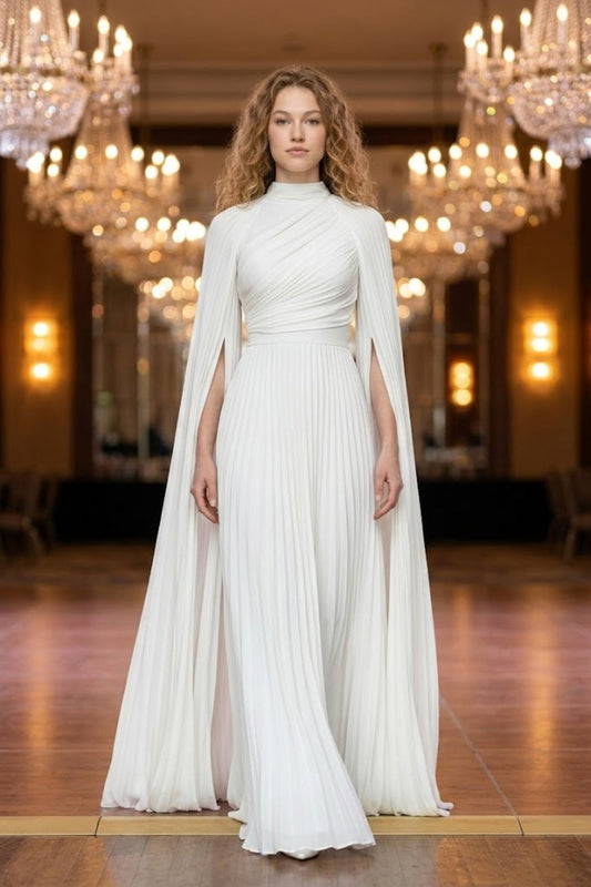 White A Line High Neck Long Formal Dress with Cape