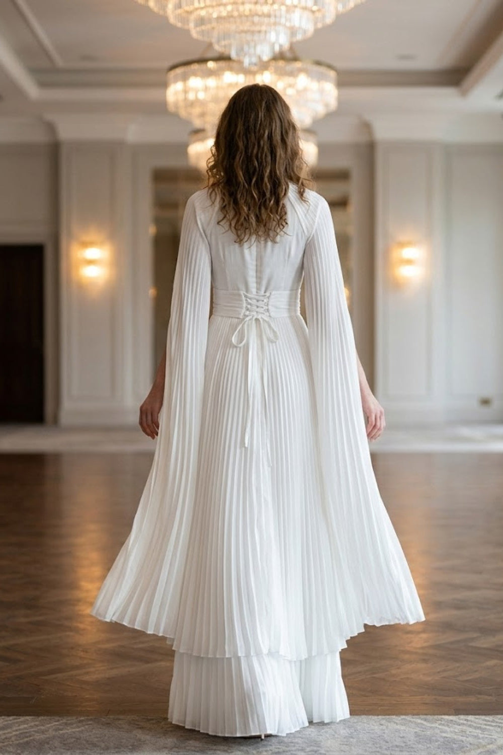 White A Line High Neck Long Formal Dress with Cape