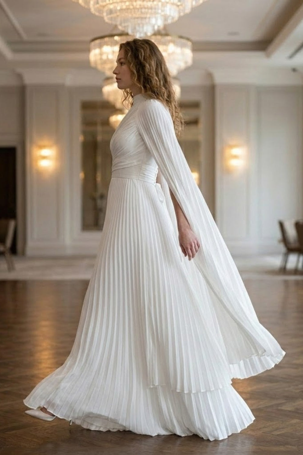 White A Line High Neck Long Formal Dress with Cape