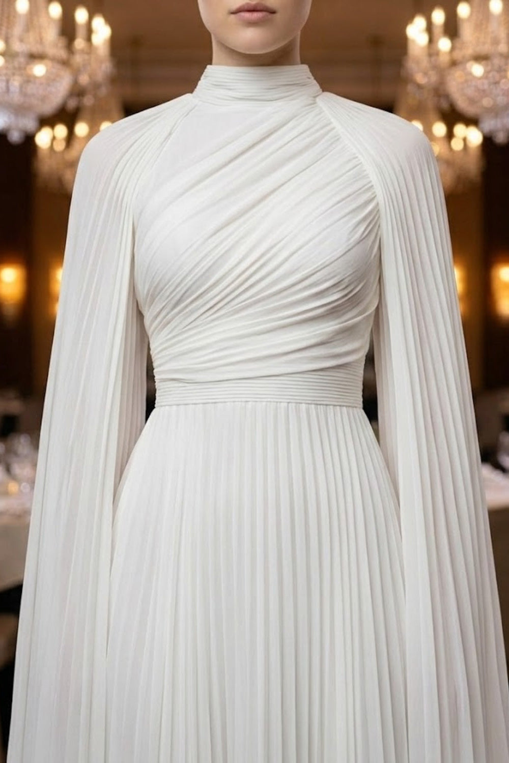 White A Line High Neck Long Formal Dress with Cape