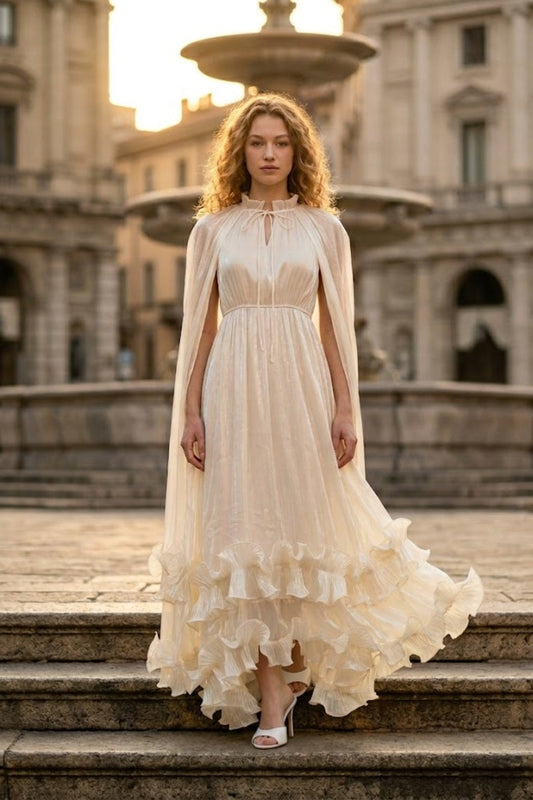 Sequin Champagne A Line Round Neck Long Formal Dress with Cape