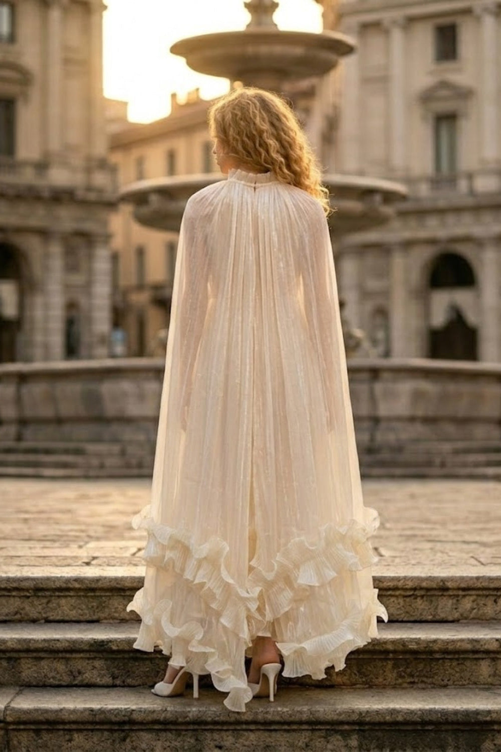 Sequin Champagne A Line Round Neck Long Formal Dress with Cape