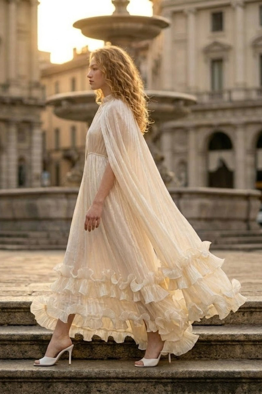 Sequin Champagne A Line Round Neck Long Formal Dress with Cape