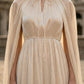 Sequin Champagne A Line Round Neck Long Formal Dress with Cape