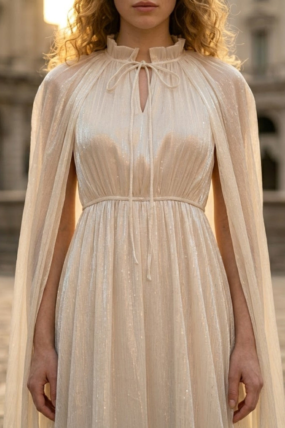 Sequin Champagne A Line Round Neck Long Formal Dress with Cape