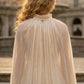 Sequin Champagne A Line Round Neck Long Formal Dress with Cape