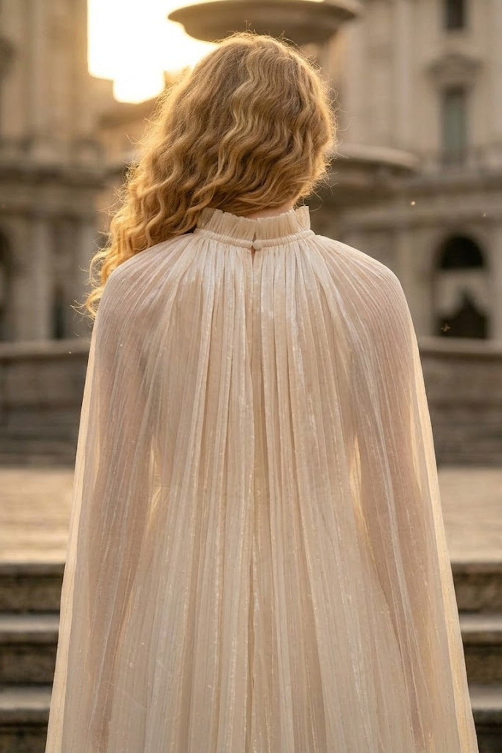 Sequin Champagne A Line Round Neck Long Formal Dress with Cape