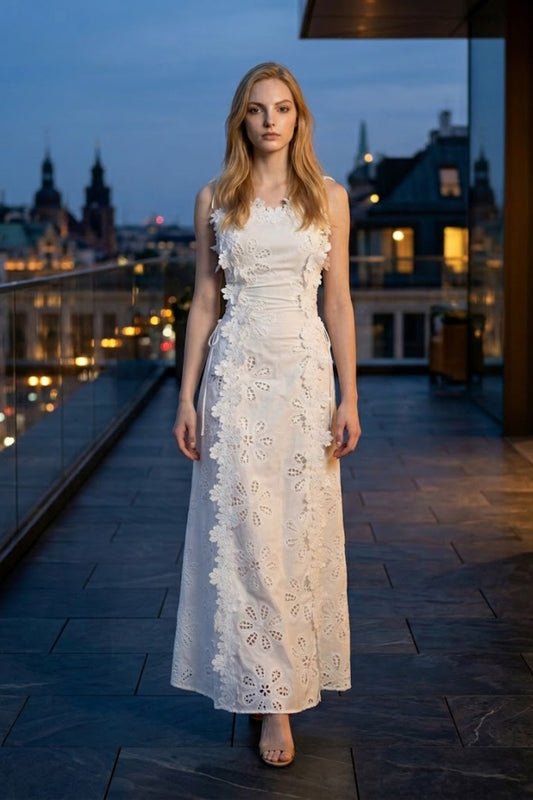 White A Line Square Neck Long Prom Dress with Lace