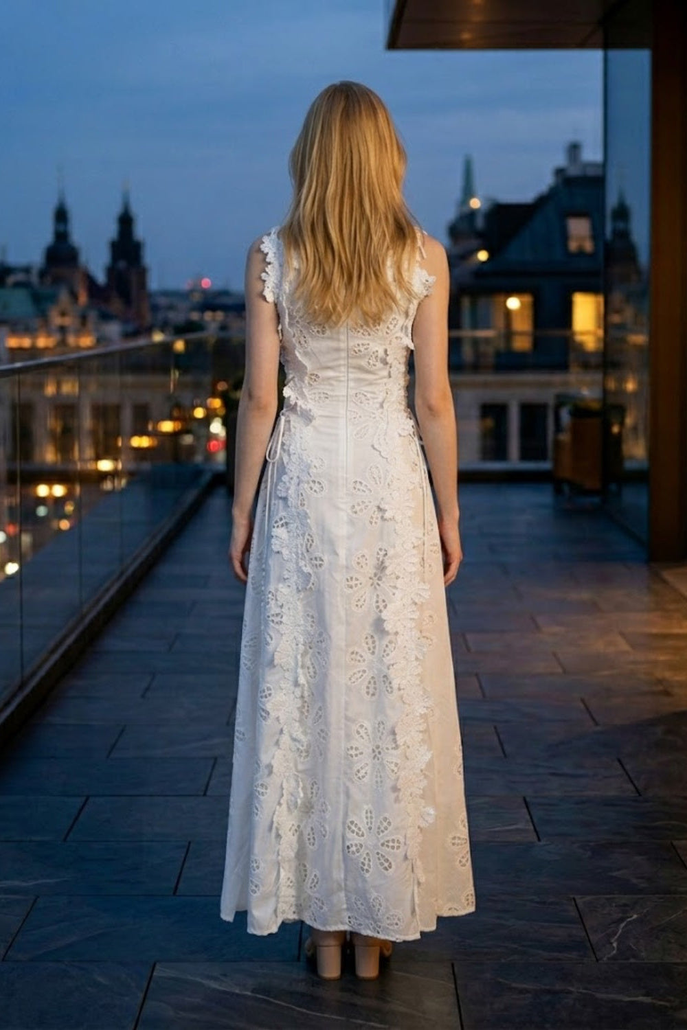 White A Line Square Neck Long Prom Dress with Lace