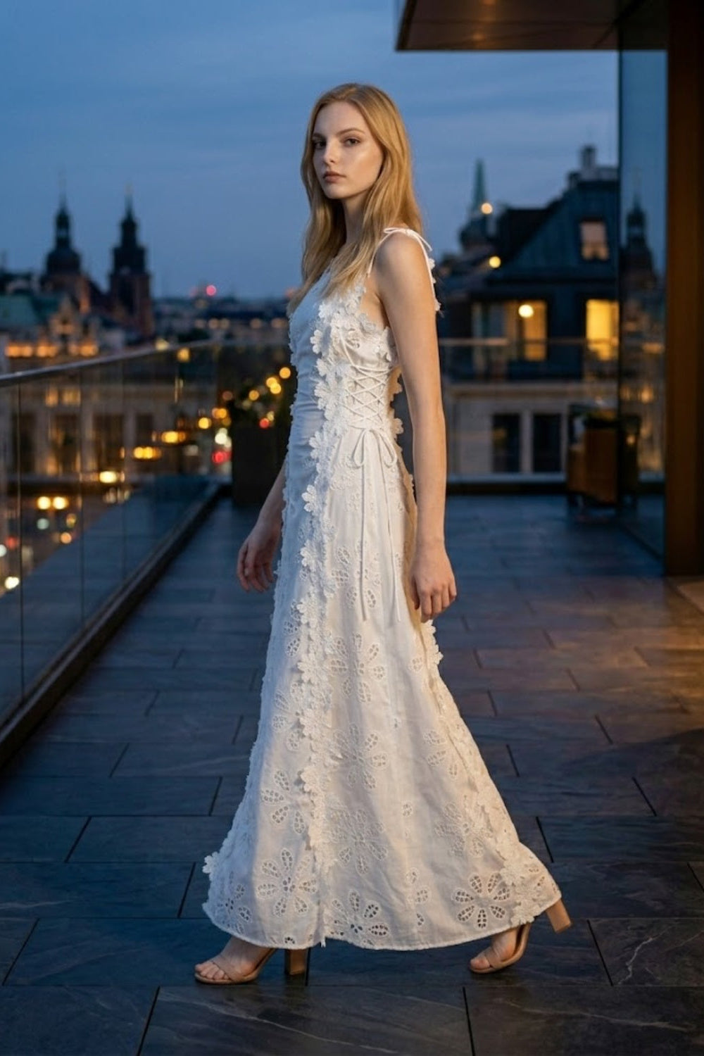 White A Line Square Neck Long Prom Dress with Lace