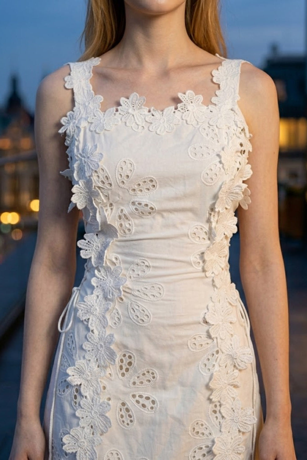 White A Line Square Neck Long Prom Dress with Lace