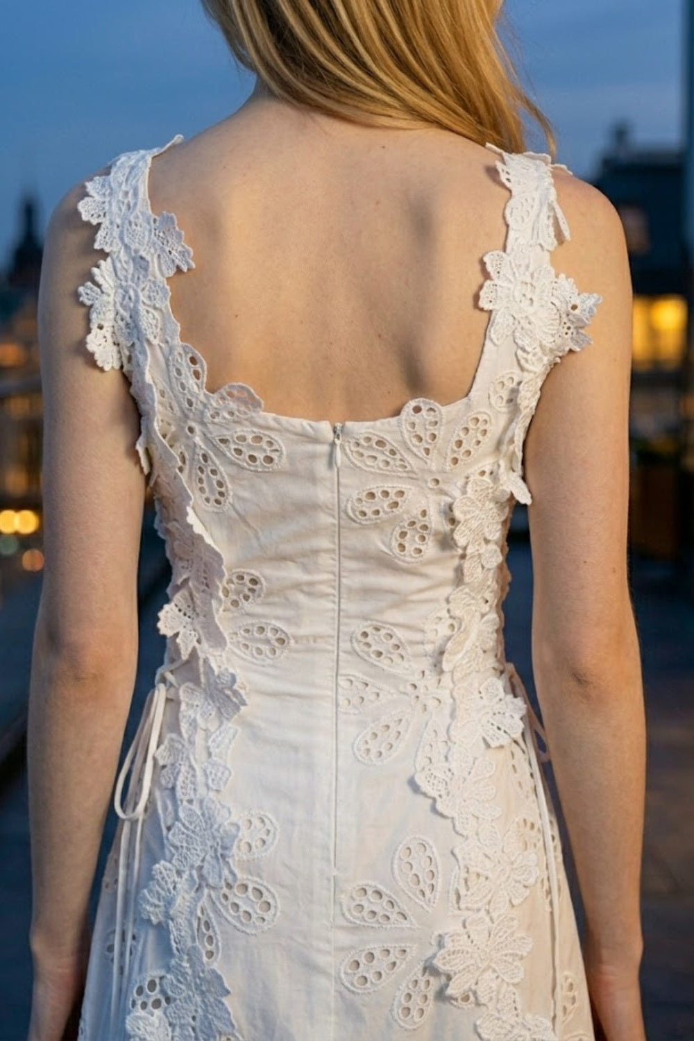 White A Line Square Neck Long Prom Dress with Lace