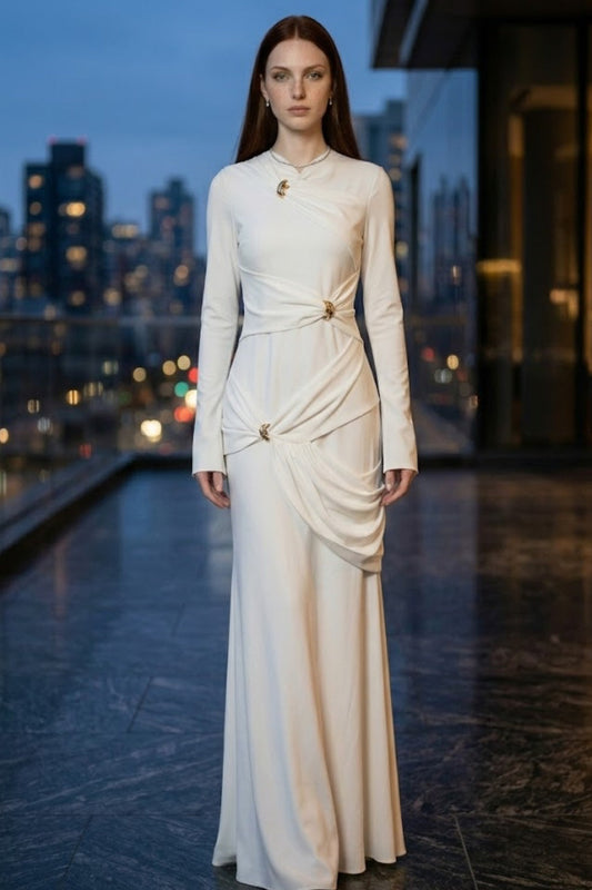 White Sheath Round Neck Long Formal Dress with Ruching