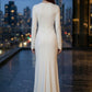 White Sheath Round Neck Long Formal Dress with Ruching