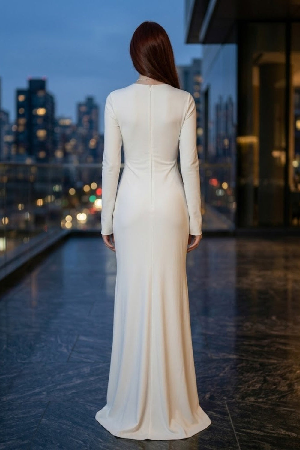 White Sheath Round Neck Long Formal Dress with Ruching