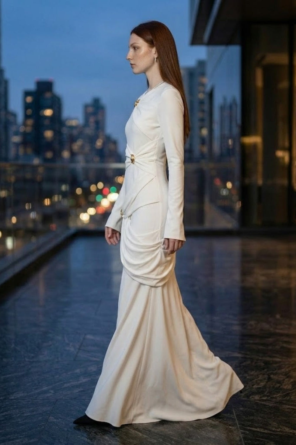 White Sheath Round Neck Long Formal Dress with Ruching